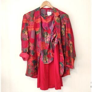 Sellecca Silks vintage three piece red abstract outfit jacket, top, skirt